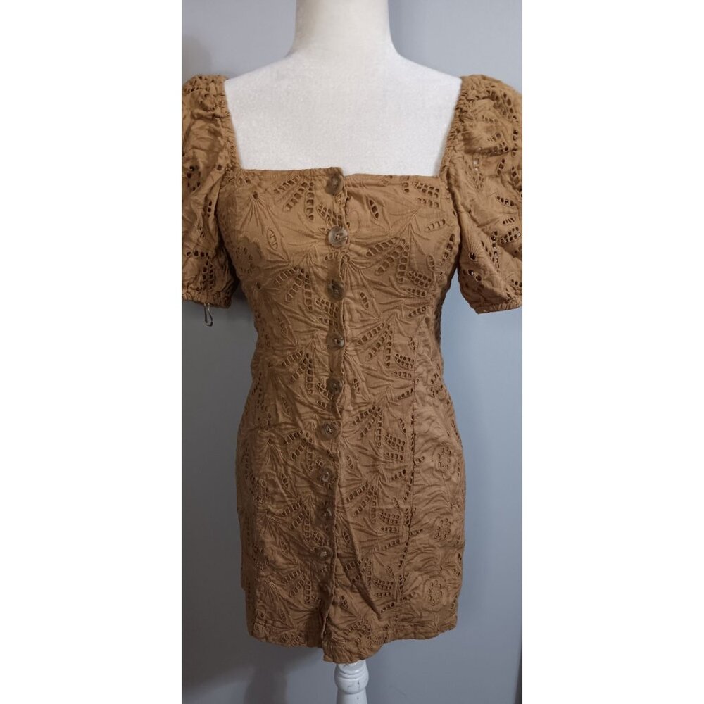 Free People 2 Brown Eyelet Mini Button Front Casual Dance Wedding Boho Dress